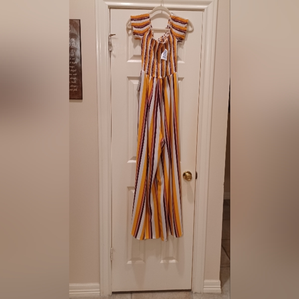 J for Justify Striped Jumpsuit with Yellow and Brown Accents